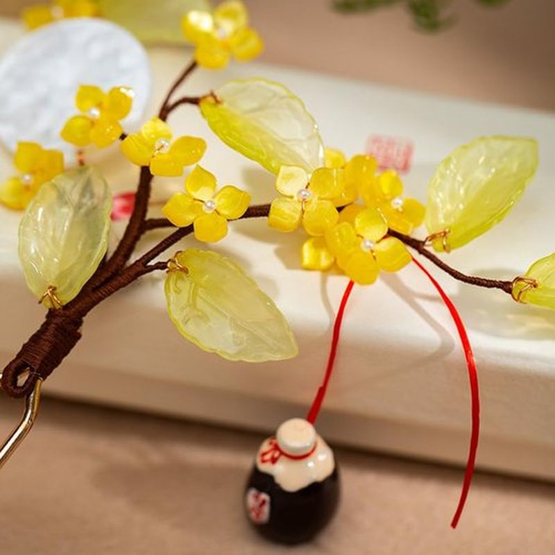 Rabithenn Moon Osmanthus with Flagon Chinese Hanfu Hair Flower with Metal Hair Clip Hair Accessories for Women Girls Long Hair (Osmanthus)