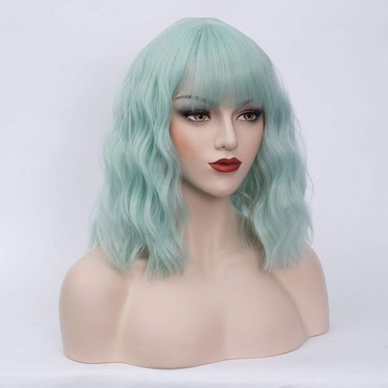 BUFASHION 14" Women Short Wavy Curly Wig Mint Green Bob Wig Cosplay Halloween Synthetic Wigs Wigs With Neat Bang Wig With Free Wig Cap (Mint Green)