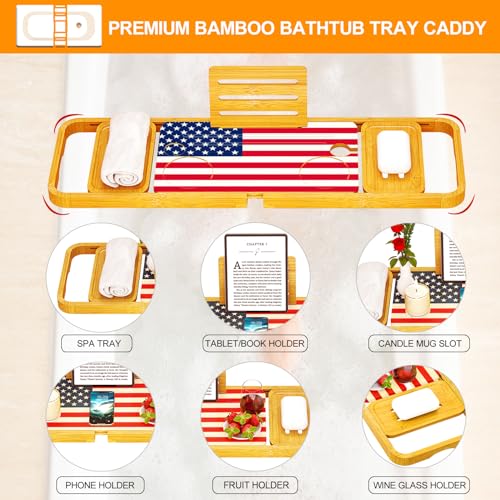 Premium Bamboo Bathtub Tray Caddy - 2024 New Bath Caddy Tray - Luxury Bathtub Tray Table - Bath Tub Tray, Expandable Size, Fits Most Bath Tubs
