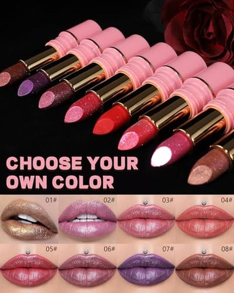 Glitter Metallic Shimmer Lipstick Long Lasting,High Shine Glitter Diamond Creamy Red Color Matte Lipstick Transfer Proof Non-Stick Lip Gloss Shimmer High Impact Full Coverage Lip Makeup for Women-01