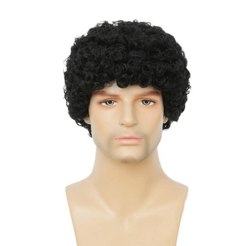 Salaibs Mens Black Afro Curly Wig Short Rocker Wig California Halloween Cosplay Costume Synthetic Replacement Wigs