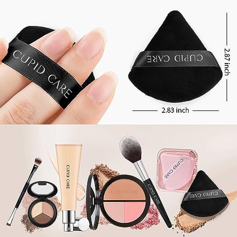 CUPID CARE 6 Pcs Triangle Powder Puff with 2 Travel Cases, Setting Powder Puffs for Face Powder and Foundation, Velour Makeup Puff for Loose Powder Body Powder, Skin-Friendly, Beauty Makeup Tools