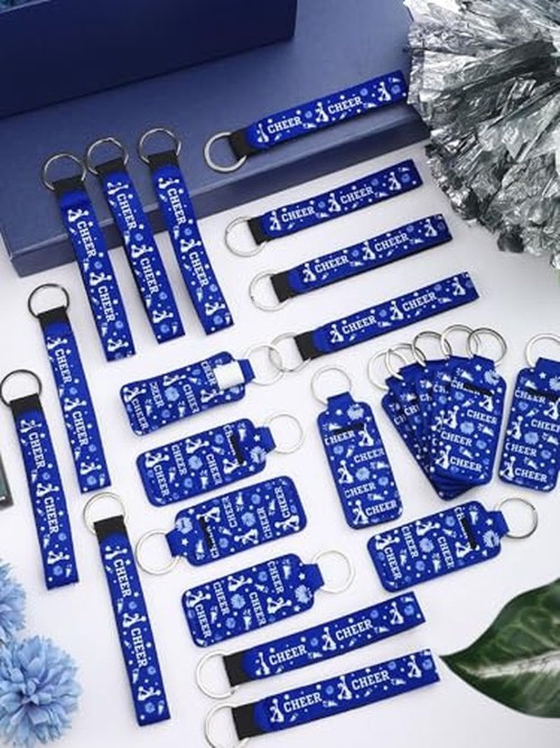 MotiMind 24 Pcs Cheer Lipstick Holder Keychains Lanyard Set Cheer Teams Gifts Cheerleaders Party Favors Cheer Theme Portable Lipstick Holder and Lanyard for Competitive Cheer Party Supplies (Blue)