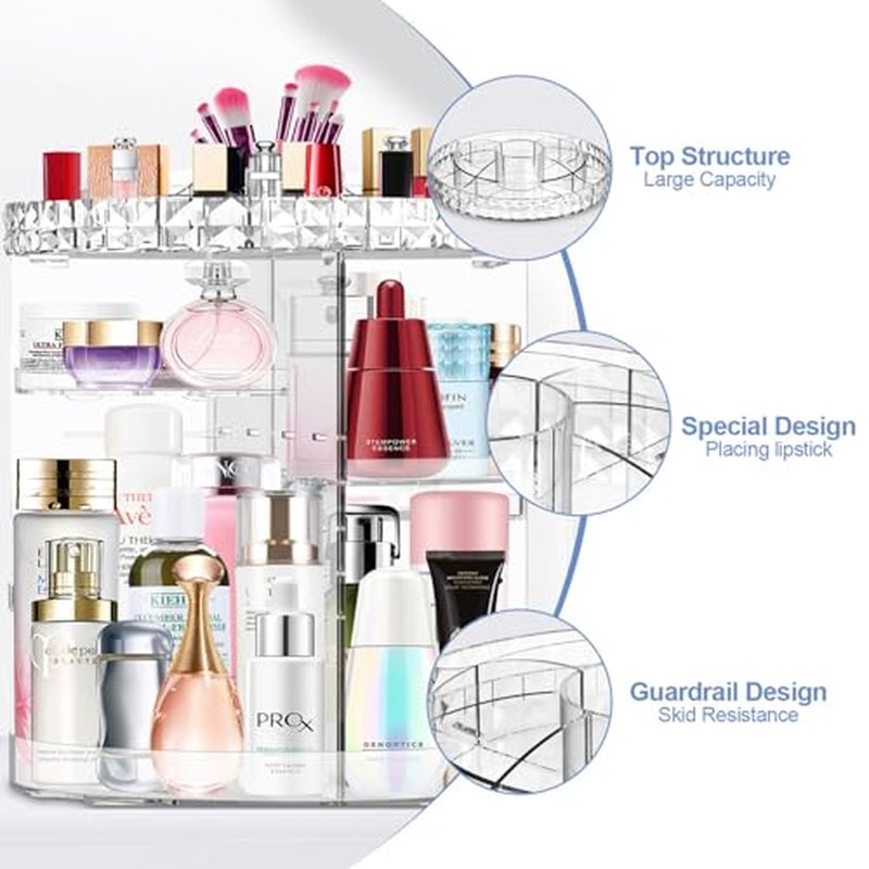 MISERWE 360 Rotating Makeup Organizer, DIY Adjustable Makeup Carousel Spinning Holder Rack, Large Capacity Cosmetic Brush Lipstick Storage Organizer Box for Vanity