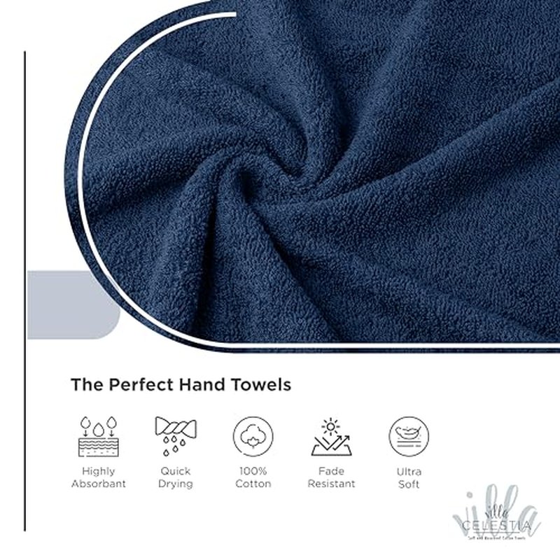 Villa Celestia 100% Cotton Hand Towel Set of 4, (16 x 28 inches) Sustainable, Soft, Highly Absorbent, Quick Drying, Combed Cotton Hand Towels Pack of 4 Ideal for Hotels, Spa, Bathroom, Dorm, Navy Blue