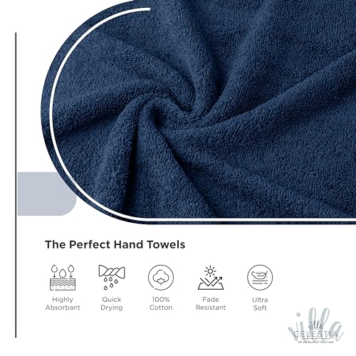 Villa Celestia 100% Cotton Hand Towel Set of 4, (16 x 28 inches) Sustainable, Soft, Highly Absorbent, Quick Drying, Combed Cotton Hand Towels Pack of 4 Ideal for Hotels, Spa, Bathroom, Dorm, Navy Blue