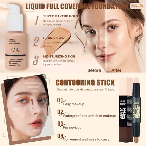 All in One Makeup Kit,Includes Naked Eyeshadow,Liquid Foundation,CC Cream,Lipstick Set,Mascara,Makeup Brush,Makeup Sponge,Eyebrow Powder,Eyebrow Soap,Eyeliner Stamp, Primer,Contour Stick,Cosmetic Bag
