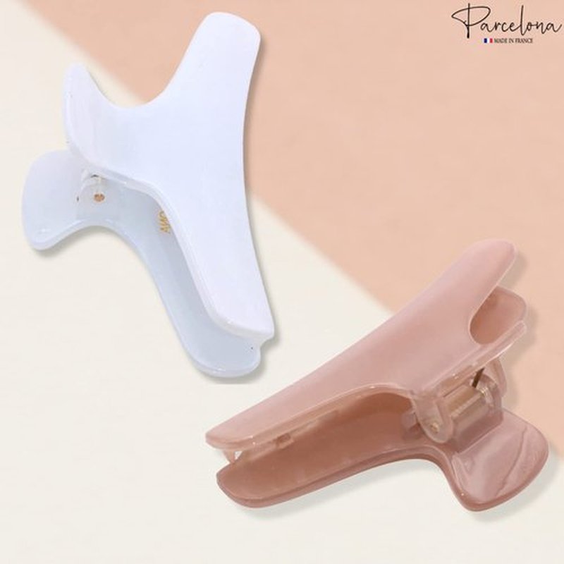 Parcelona French Flat Salon Style Medium 3 1/4" Celluloid Set of 2 Covered Spring No Slip Grip Jaw Hair Claw Durable Styling Paris Hair Accessories Women Strong Hold Girls Hair Claw Clips, Made in France (Pink-White)
