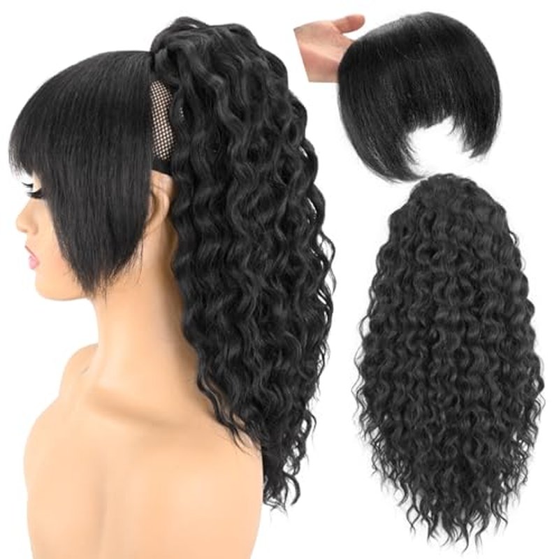 Rafabcici Ponytail Extension with Bangs,Yaki Curly Drawstring Ponytail Extension for Women 20 Inch Long Wavy Layered Pony Tails Hair Extensions Synthetic Clip in Ponytail Hairpiece for Women(BUG)
