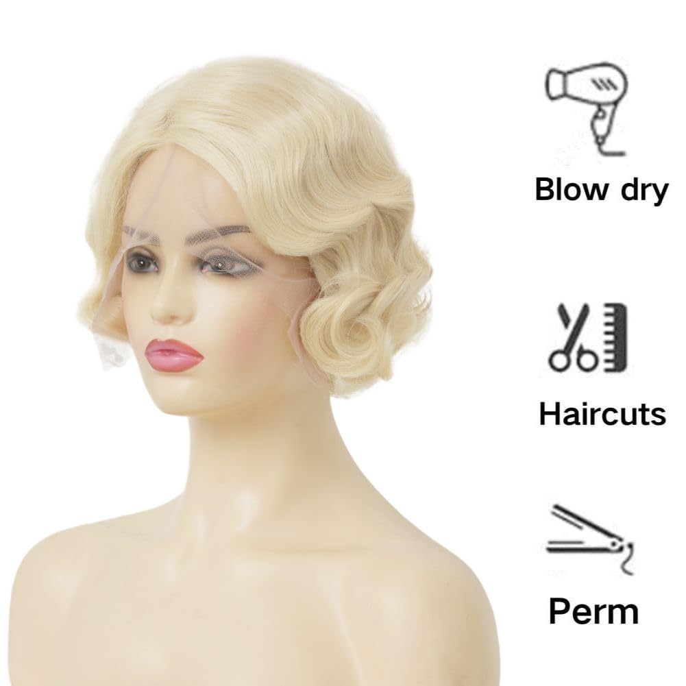 Salaibs Finger Wave Lace Front Wigs for Women Blonde Short Curly 1920s Wig Synthetic Heat Resistant Halloween Cosplay Costume Hair Wig
