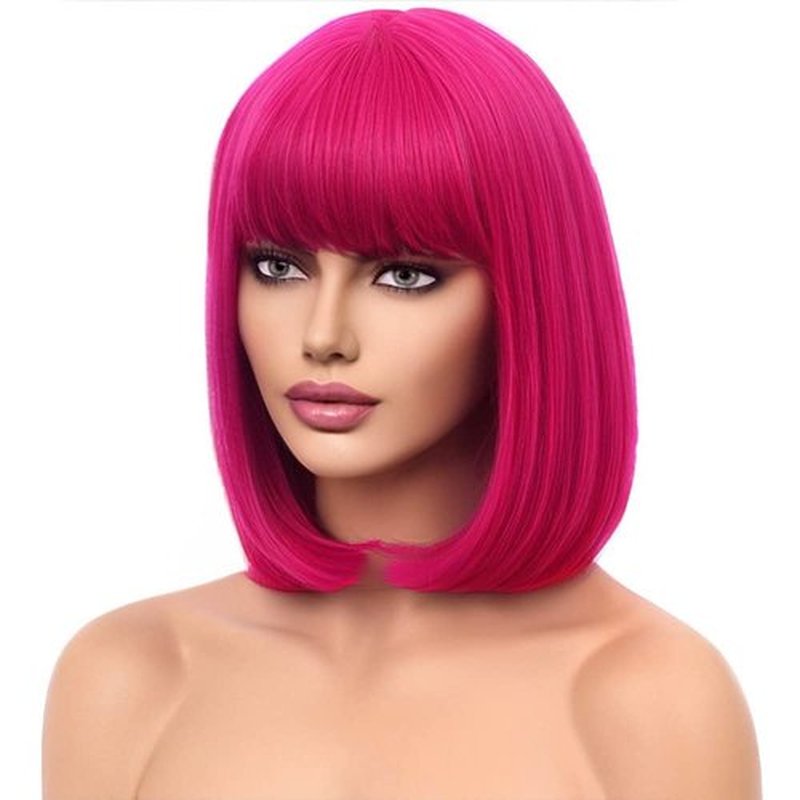 WTHCOS Hot Pink Wig Short Straight Bob Wig with Bangs Rose Red Wigs Women Girls Synthetic Wigs Daily Cosplay Party Wig with Wig Cap