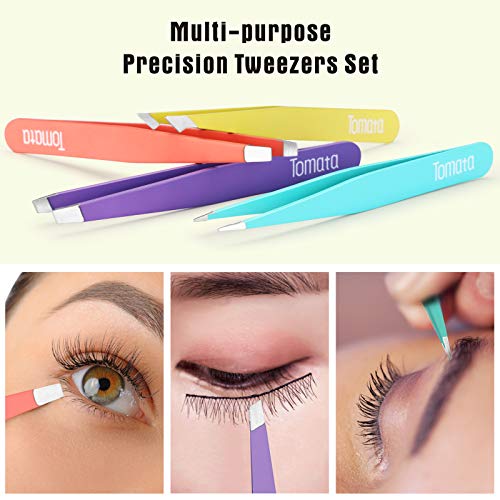 Tomata Tweezers for Eyebrows, Slant Tip and Pointed Eyebrow Tweezer Set Great Precision for Eyebrows Facial Hair, Ingrown Hair, Splinter, Blackhead and Tick Remover (4-piece) (pink)