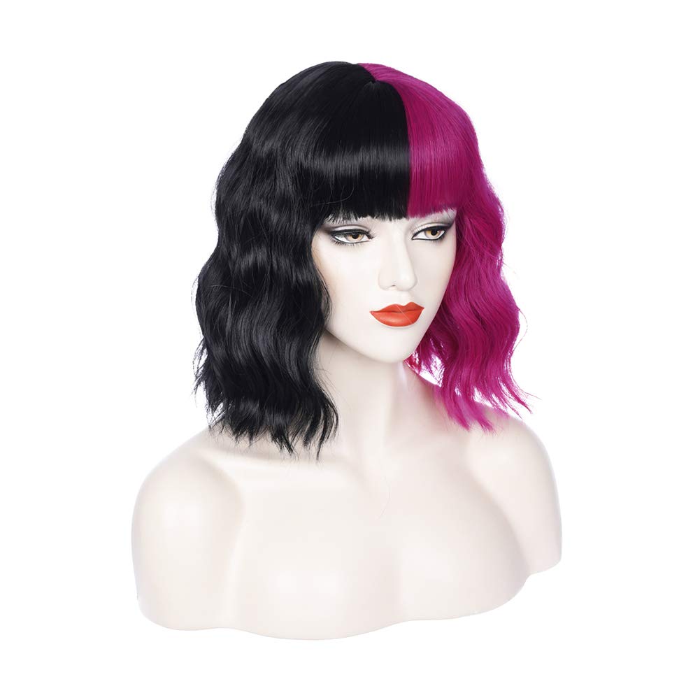 PATTNIUM Black Pink Wig Two Color Wig Short Curly Black Pink Wig With Bangs Half Black Pink Split Wig for Women Heat Resistant Synthetic Hair Cosplay Party Wig (Black and Hot Pink)