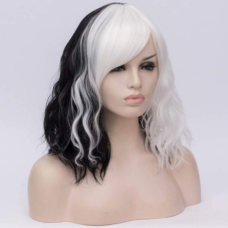 BERON 14 Inches Black White Women’s Black White Curly Wig with Bangs Two Tone Wig for Women Halloween Cosplay Wig for Daily Use Synthetic Wigs (Black and White)
