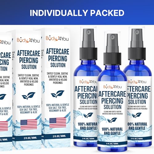 BodyJ4You Piercing Aftercare Spray - Saline Solution Natural Keloid Bump Removal - Ear Piercing Cleaner Nose Septum Belly Button Cartilage - Sea Salt Aloe Vera Rosemary - Fine Mist 3 x 2 Fl Oz
