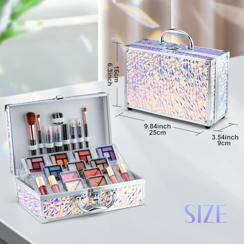 Color Nymph Makeup Kit with Cosmetics Case, Train Case Makeup Kits For Teenage Girls Beginner Women Make up Kit Cosmetics Box Includs Eyeshadow Lipstick Blush Lipgloss Mascara and Tools -Dreamy Silver
