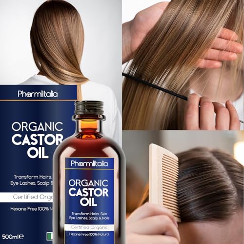 Pharmlitalia Organic Golden Castor Oil Cold Pressed Unrefined Glass Bottle - Hexane free Golden Castor Oil for face, hairs, Eyelashes, Skin care and Nails - 500ml