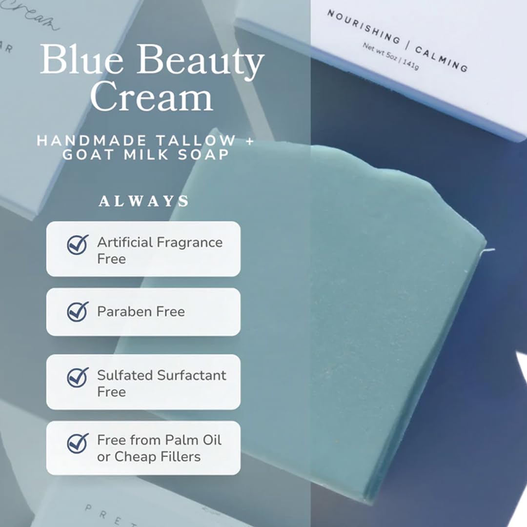 Pretty farm girl Blue Beauty Cream Facial Bar – Blue Tansy & Tamanu Beef Tallow Soap – Soothing Natural Soap for Sensitive & Dry Skin – Handmade Goat Milk Soap & Organic Soap Bar for Face, 5oz
