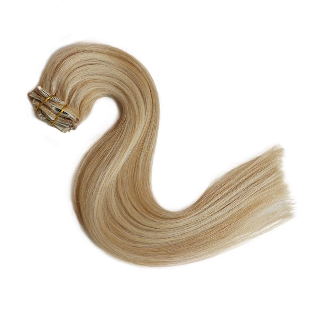 Remy Clip in Hair Extensions Balayage Soft Real Human Hair Extensions 22 Inch Human Hair Natural Beige Blonde with Bleach Blonde 70g 7Pcs For Women