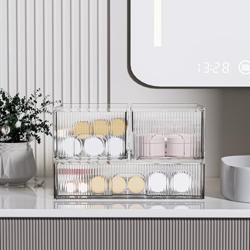 ZHIAI Stackable storage drawer, acrylic storage box for cosmetics and beauty products, suitable for dressing tables, bathrooms, cabinets, storage rooms, bedrooms and home organisation 3 pcs set