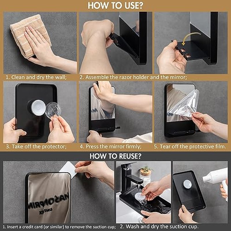 TAILI Shower Mirror Fogless for Shaving with Razor Holder, Fog Free Mirror Shower Suction, Rust-Proof & Removable Bathroom Mirror for Men and Women,Anti Fog Shower Makeup Shave Mirror,Black