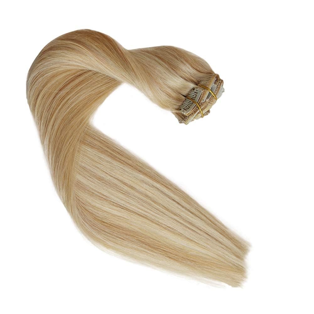 Remy Clip in Hair Extensions Balayage Soft Real Human Hair Extensions 22 Inch Human Hair Natural Beige Blonde with Bleach Blonde 70g 7Pcs For Women