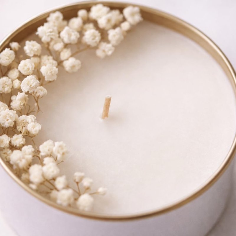 Personalized Soy Wax Candle Favors - Dried Flowers | White Tin Guest Gifts for Weddings & Showers (10-200 Count)