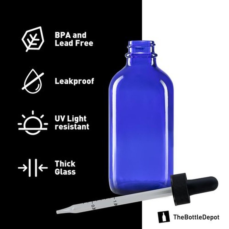 The Bottle Depot - 4 Pack - 4 oz Glass Bottle with Dropper - Blue - 22-400 Neck Finish - Boston Round Bottles - Leakproof Essential Oils Bottles