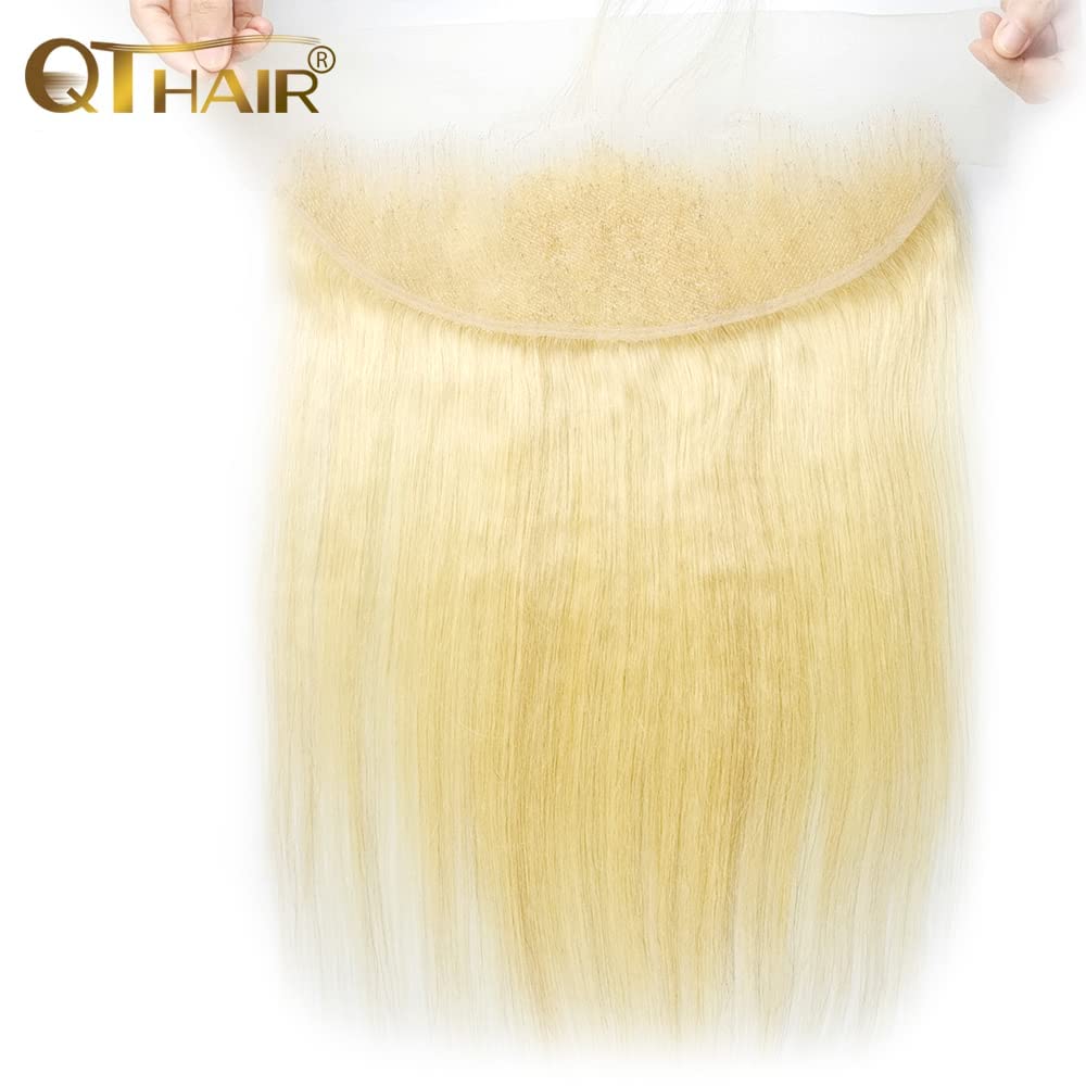 QTHAIR 14A Russian Blonde #613 Transparent Lace Frontal 14in 100% Platinum Blonde Human Hair for All Women (14",#613 Platinum Honey Blonde Closure Transparent Color Lace)