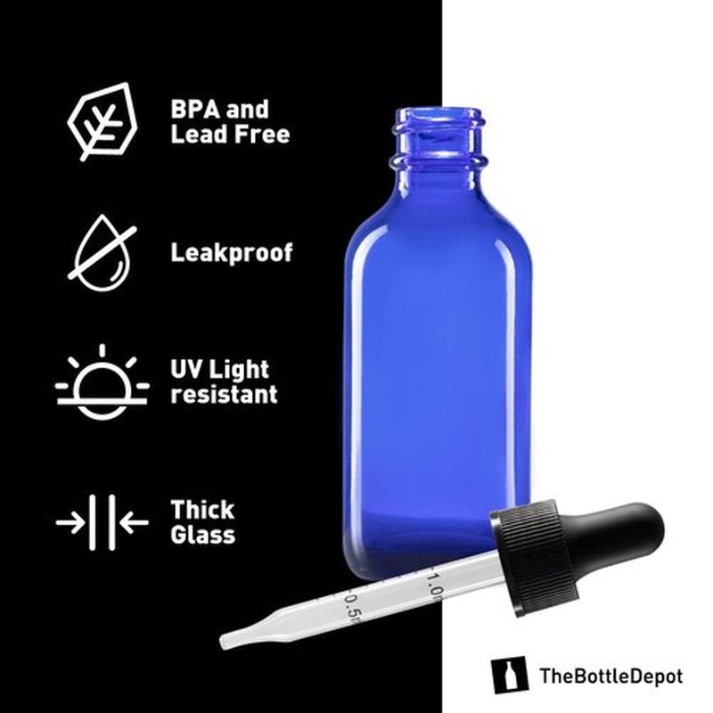 The Bottle Depot - 2 Pack - 2 oz Glass Bottle with Dropper - Blue - 20-400 Neck Finish - Boston Round Bottles - Leakproof Essential Oils Bottles