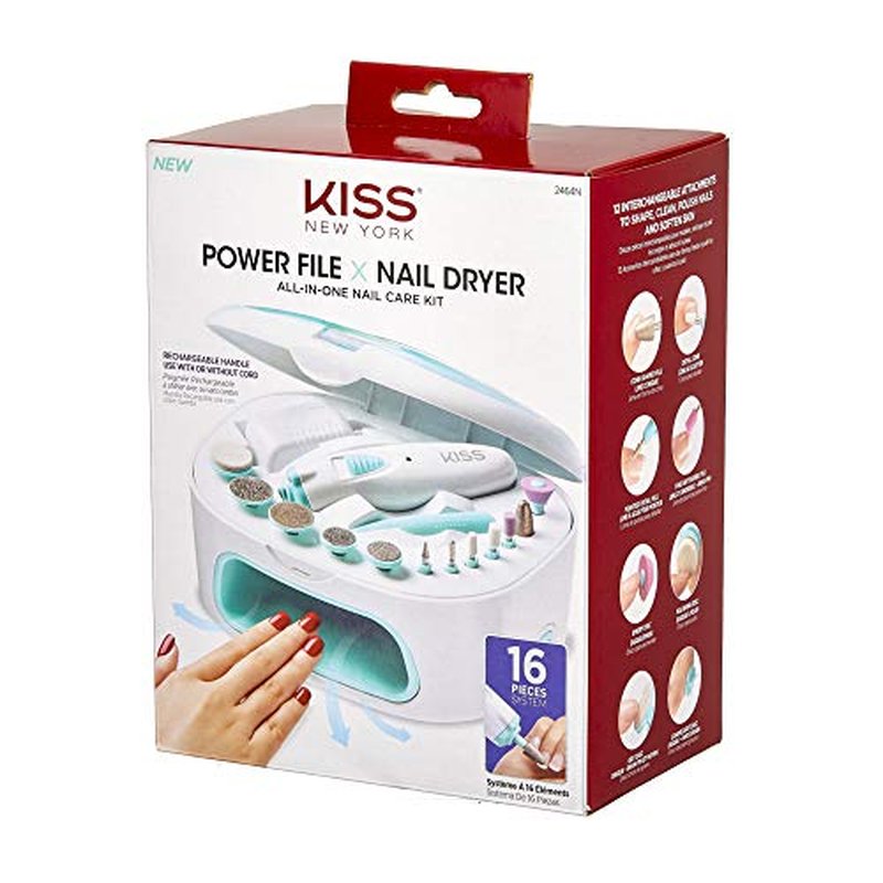 KISS New York Power File X Nail Dryer, Electric Nail File & Nail Dryer System, Includes 12 Attachments, Rechargeable Handle, Cuticle Pusher, A/C Adapter, & Storage Case