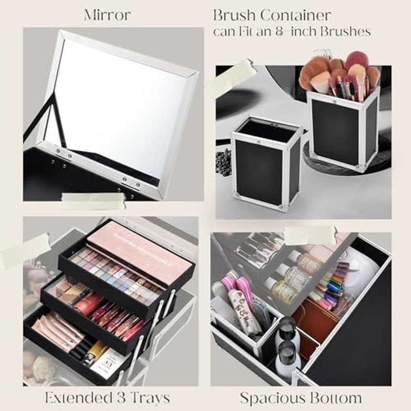 FRENESSA Makeup Train Case 11.8 Inch Extra Large Makeup Organizer Case 3 Trays with Mirror Cosmetic Travel Storage Box for Makeup Artist Nail Art Tech Sewing Supplies Travel Case Black Floral
