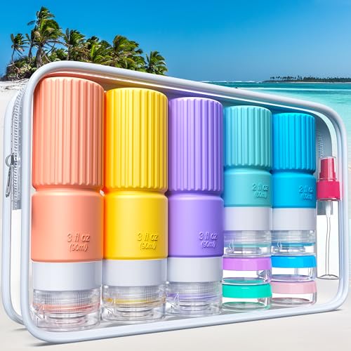 19 pack Travel Bottles for Toiletries,TSA Approved Silicone Travel Containers jar for Toiletries,Leak Proof 3oz Refillable Liqus Shampoo And Conditioner Travel Essentials toiletry (yellow)