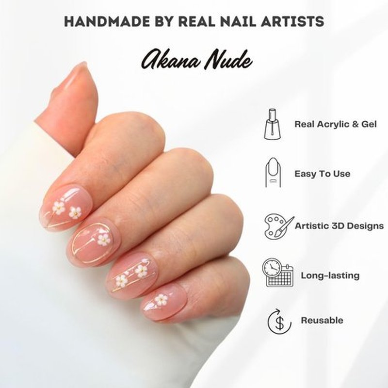 Hanakoko Press on Nails Handmade Nails 3D Press on Nails Short Medium Oval Almond Nails Fake Nails Glitter Cat Eye Nails Gel Nails Durable Reusable False Nails 10 Pcs (Akana Nude, L)