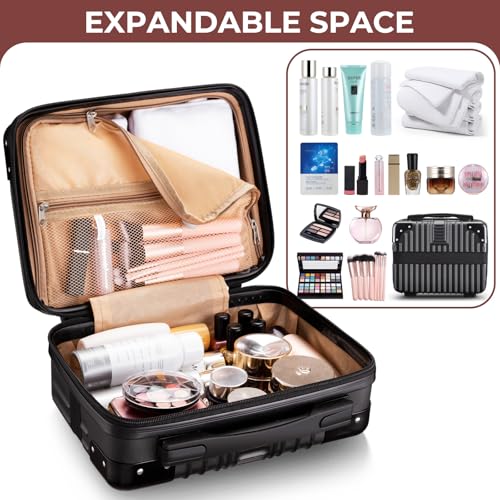 Noverlife Portable Hard Shell Cosmetic Travel Case 12 Inch, Mini Travel Hand Luggage with Elastic Band Travel Makeup Case, Small Makeup Carrying Suitcase for Train Cosmetic Bag Travel Camping - Black