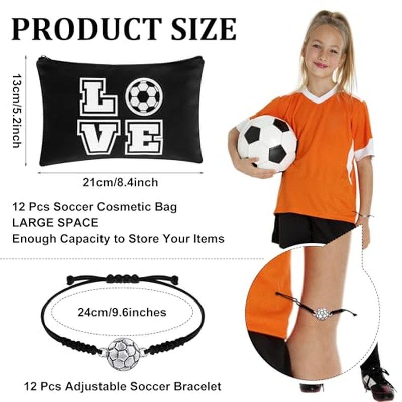 Sweetude 24 Pcs Soccer Gifts 12 Pcs Soccer Makeup Bag 12 Pcs Adjustable Soccer Bracelet Soccer Accessories Gifts for Team Players Soccer Birthday Party Favors Supplies Travel Charms(Black)