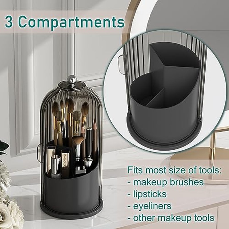 GAXmi Makeup Brush Holder with Lid Cosmetic Tools Organizer 360 Rotating Waterproof Dustproof Makeup Brushes Storage for Vanity, Black-Grey