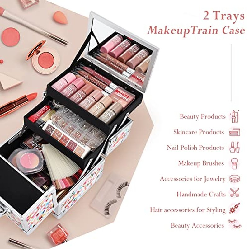 Joligrace Makeup Train Case for Girls Cosmetic Box Kids Jewelry Organizer Hair Accessories Mosaic Orange