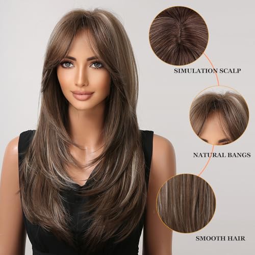 Esmee Long Straight Brown with Blonde Highlight Layered Synthetic Hair Wig with Curtain Bangs for Women for Daily Party Use-20 Inches