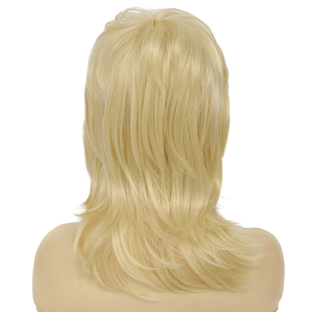 Kaneles Blonde Mullet Wigs for Women Layered Curly Hair with Bangs Shoulder Length Synthetit Replacement Wig 70s 80s Costume Cosplay Party Wig (Blonde)