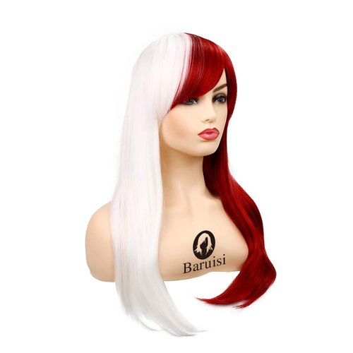 Baruisi Long Straight Anime Cosplay Wig for Women Red White Synthetic Halloween Hair Wig