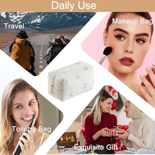 Cute Floral Cotton Makeup Bag, Quilted Makeup Bag for Women Girls, Travel Floral Cosmetic Bag Zipper Make Up Pouch, Flowers Toiletry Organizer Bag (Small Blue Bowknot)