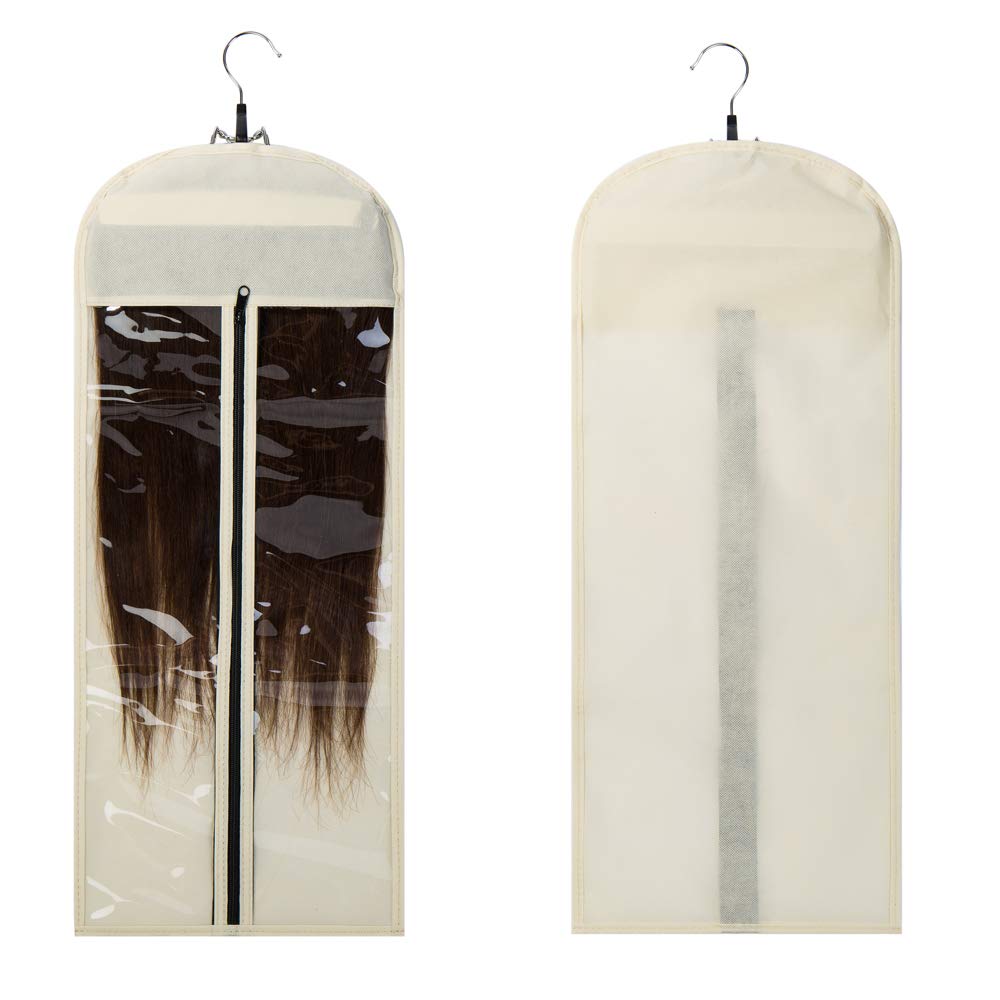 Hairro Portable Hair Extensions Carrier Non-woven Dust-proof Storage Case with Wooden Hanger for Human Hair Extensions, 26 Inch Off White