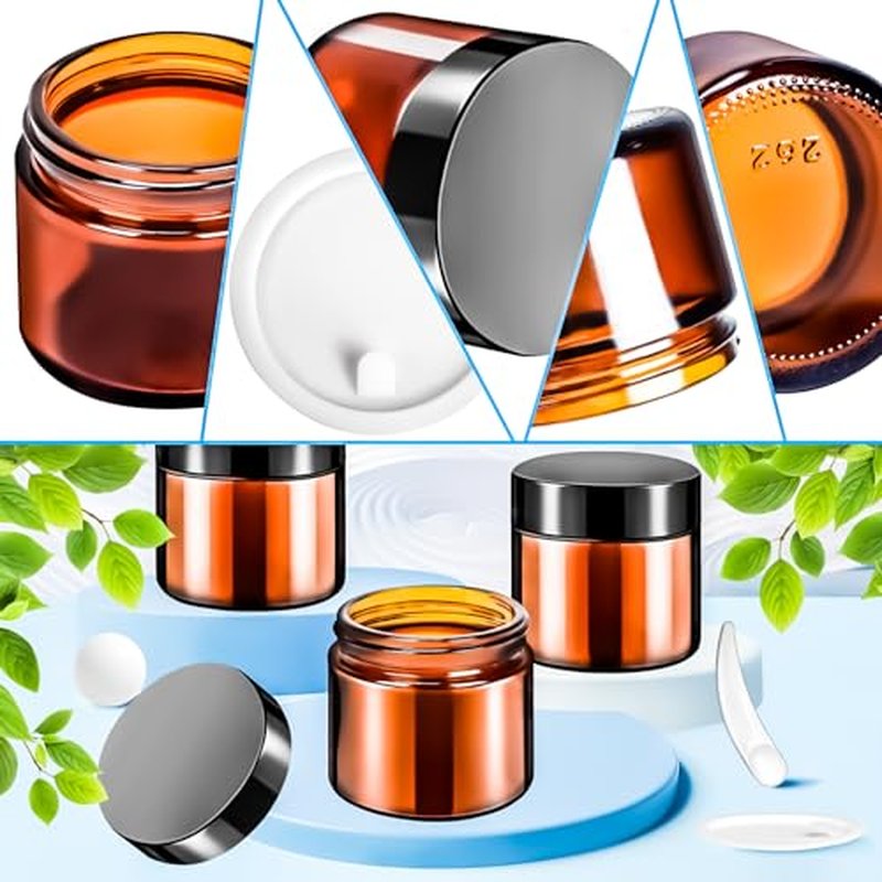 MotBach 4 Pack 2oz Glass Jars with Lids 60ml Mini Round Clear Glass Jars with Inner Liners and Spatulas, Travel Size Containers Jars for Toiletries Creams Makeup Cosmetic Sample Lotion (amber Lid)