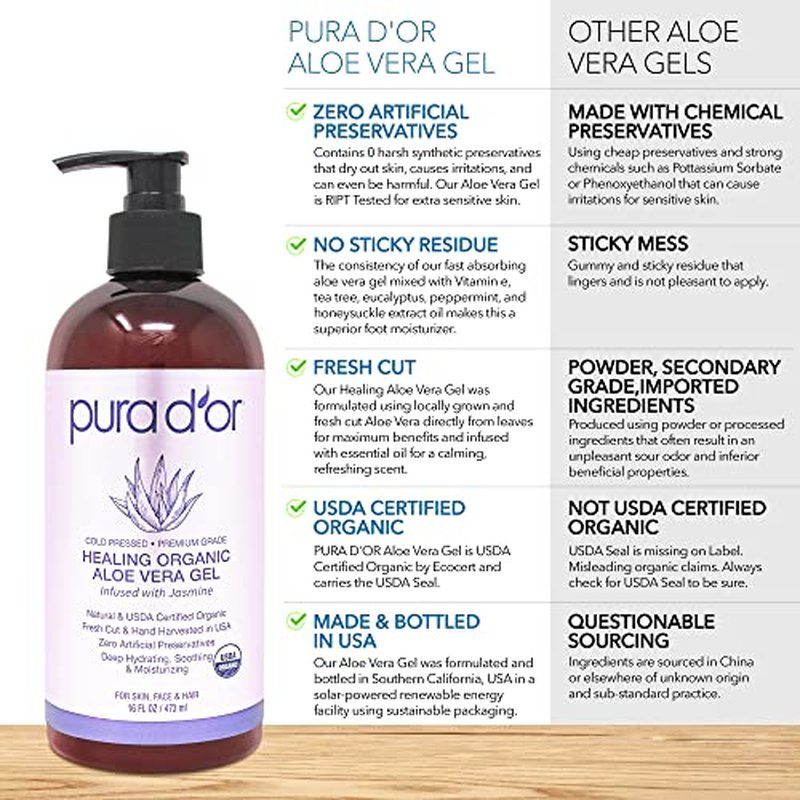 PURA D'OR 16 Oz ORGANIC Aloe Vera Gel - Lavender - All Natural - ZERO Artificial Preservatives - Deeply Hydrating & Moisturizing - Sunburn, Bug Bites, Rashes, Small Cuts, Eczema Relief - Skin & Hair