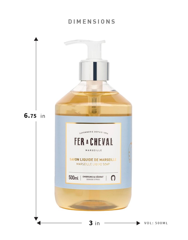 Fer à Cheval Marseille Liquid Soap, Luxury French Liquid Soap, Savon Liquide De Marseille, Seaside Citrus 500ml, Set of 2, 16.9 f oz