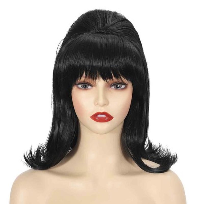 Sabosi Womens Flip Wig 70s Pinup Pelucas 60s Retro Black Beehive Wig Vintage Wig with Bangs for Women Synthetic Hair for Halloween Costume Party