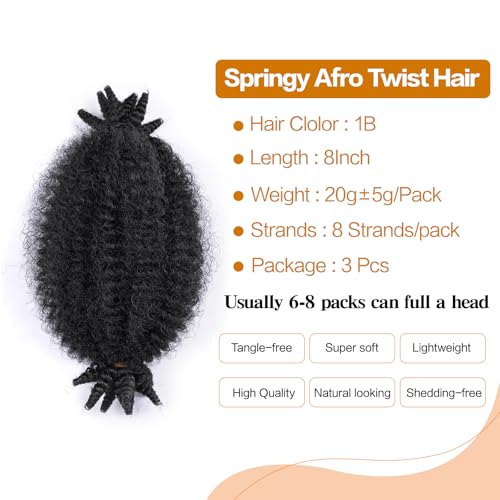 Marley Twist Braiding Hair 3 packs, Springy Afro Twist Hair Natural Black Mini Twist Hair Kinky Twist Hair Braids for Distressed Soft Locs Spring Twist Hair for Black Women (8 Inch,3Pack,1B)