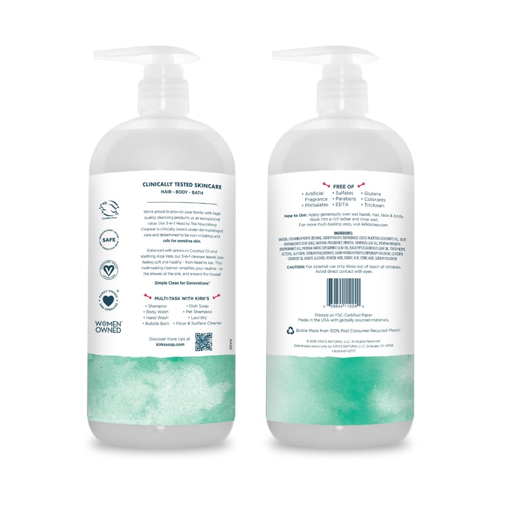 Kirk's 3-in-1 Head to Toe Nourishing Liquid Cleanser & Travel Size Bar Soap - for Men, Women & Children - Premium Coconut Oil & Aloe Vera- Non GMO & Vegan -Mint & Eucalyptus - 32 Fl Oz. 2 pack