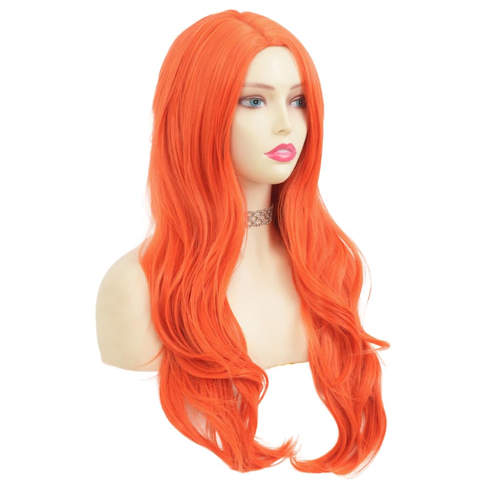 Tseses Orange Long Curly Wavy Womens Wig Hair Natural Looking Side Part Cosplay Halloween Synthetic Fiber Wig Heat Resistant Replacement Full Wig (Orange)